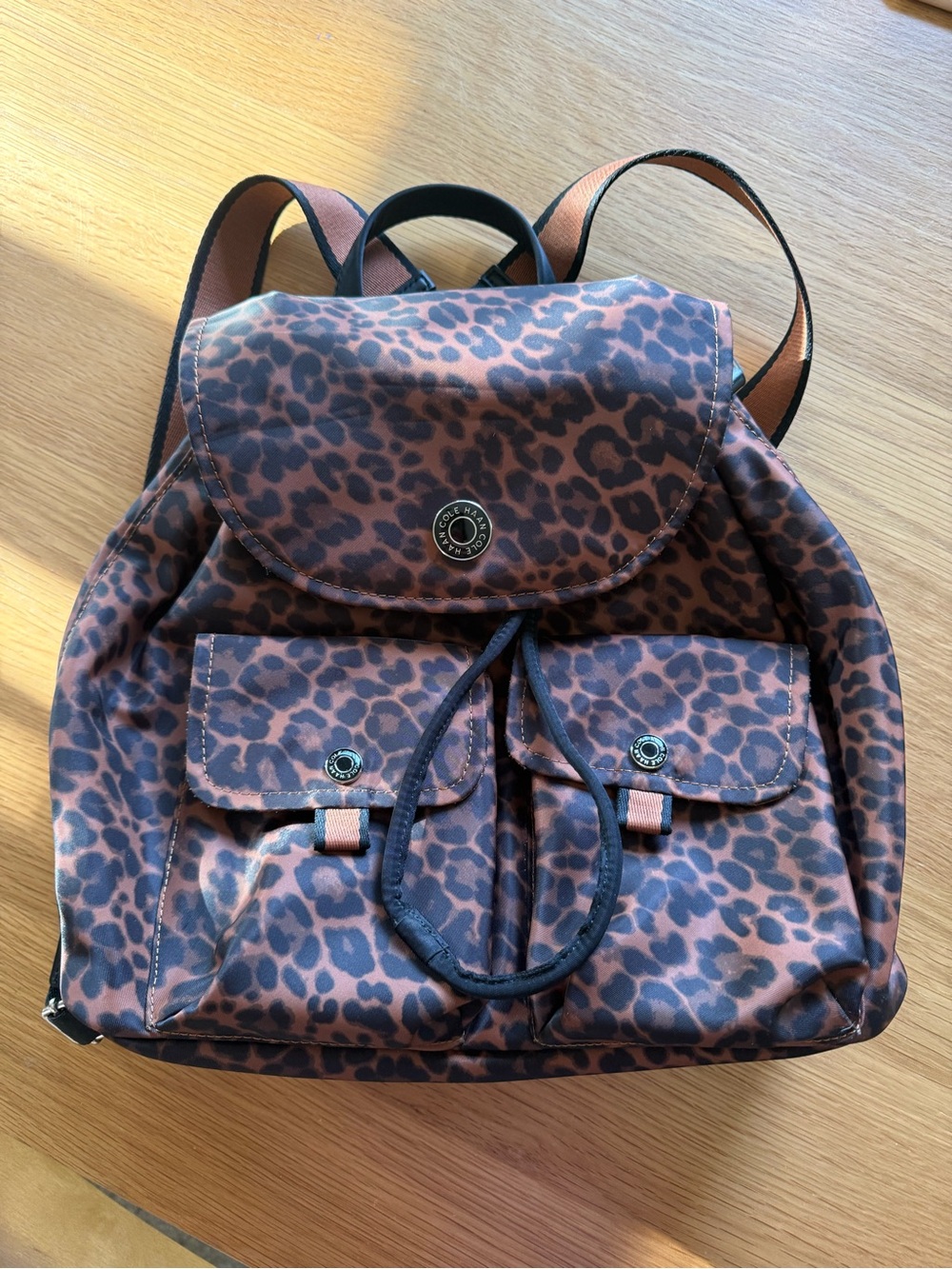 Cole Haan Leopard Print Nylon Backpack Flap Top Front Pockets Adjustable Straps